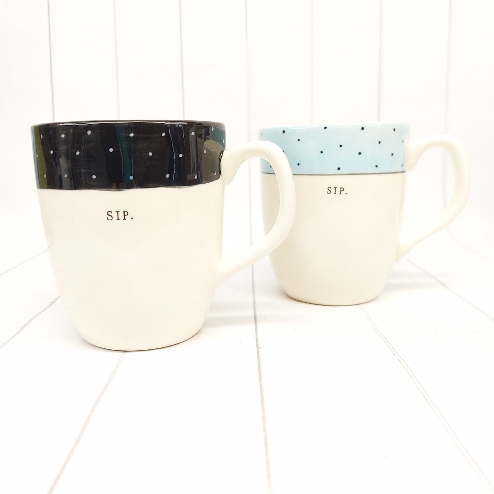 Set of Two Rae Dunn "SIP" Mugs with Polka Dots